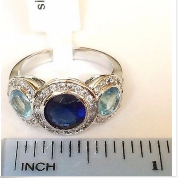 Silver Sapphire Victorian Gypsy Ring Size 10 Aquamarine Cubic Zirconia Rhodium - Picture 8 of 8